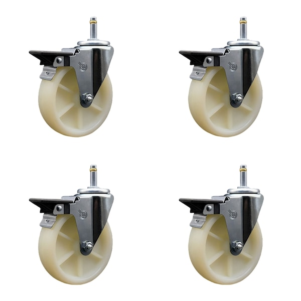 5'' Nylon Wheel Swivel 7/16'' Grip Ring Stem Caster Set with Brake, 4PK